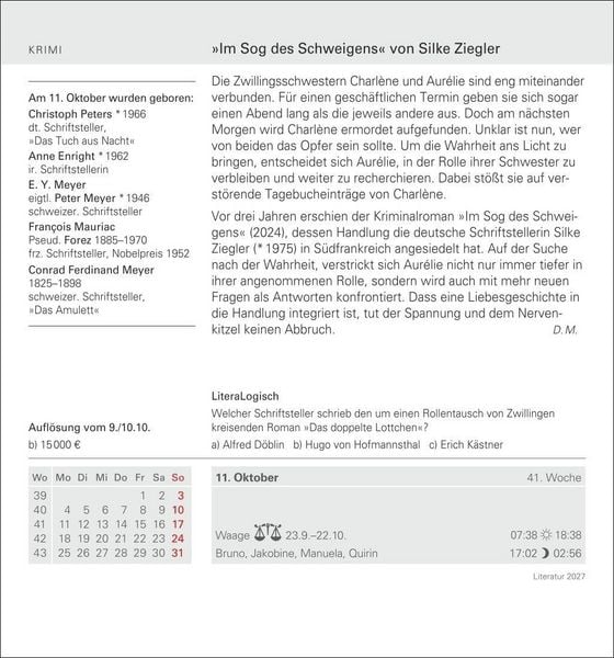 Produktbild: Literatur Tagesabrei&szlig;kalender 2027 - Kulturkalender - Autoren, Werke, H&ouml;rb&uuml;cher