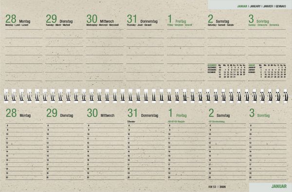 Produktbild: Tischquerkalender 1W/2S Graspapier 2027