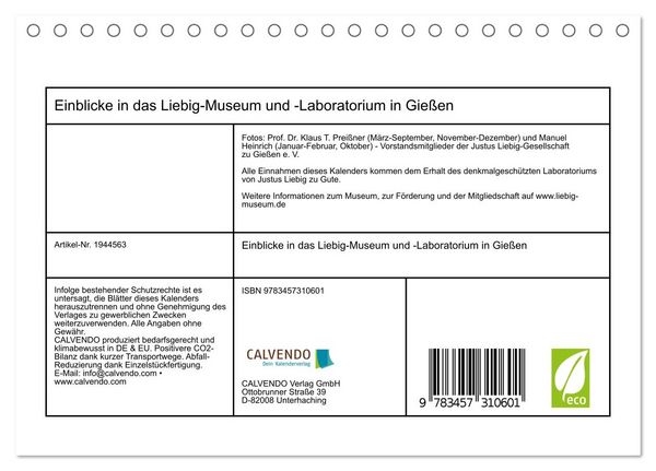 Produktbild: Einblicke in das Liebig-Museum und -Laboratorium in Gie&szlig;en (Tischkalender 2026 DIN A5 quer), CALVENDO Monatskalender