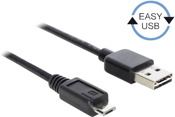 Produktbild: Delock USB-Kabel USB 2.0 USB-A Stecker, USB-Micro-B Stecker 5.00m Schwarz beidseitig verwendbarer Stecker, vergoldete