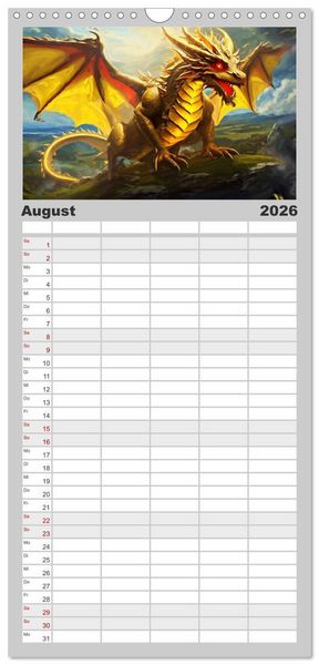 Produktbild: Familienplaner 2026 - Drachen - Gef&uuml;rchtete, aber nicht immer b&ouml;se Fabelwesen mit 5 Spalten (Wandkalender, 21 x 45 cm) CALVENDO