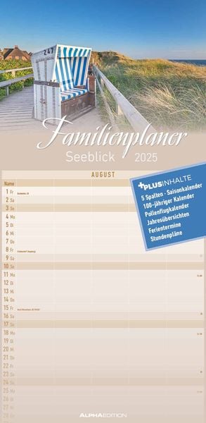 Familienplaner Seeblick 2025 - Familien-Timer 22x45 cm - mit Ferienterminen - 5 Spalten - Wand-Planer - mit vielen Zusat