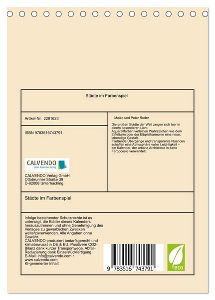 Produktbild: St&auml;dte im Farbenspiel (Tischkalender 2026 DIN A5 hoch), CALVENDO Monatskalender
