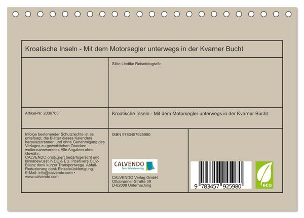 Produktbild: Kroatische Inseln - Mit dem Motorsegler unterwegs in der Kvarner Bucht (Tischkalender 2026 DIN A5 quer), CALVENDO Monatskalender