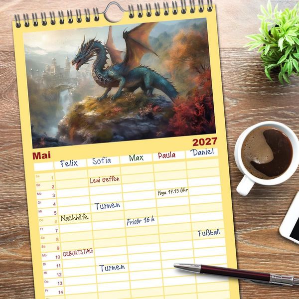 Produktbild: Familienplaner 2027 - Im Land der sch&ouml;nen Drachen mit 5 Spalten (Wandkalender, 21 x 45 cm) CALVENDO