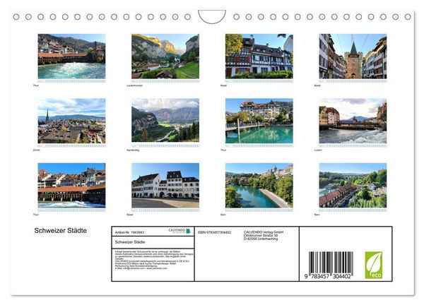 Produktbild: Schweizer St&auml;dte (Wandkalender 2026 DIN A4 quer), CALVENDO Monatskalender