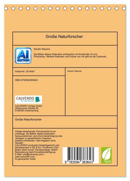 Produktbild: Gro&szlig;e Naturforscher (Tischkalender 2027 DIN A5 hoch), CALVENDO Monatskalender
