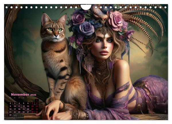 Produktbild: Luxuri&ouml;ser Bohemian Flair - Elegante Frauen mit anmutigen Katzen (Wandkalender 2026 DIN A4 quer), CALVENDO Monatskalender