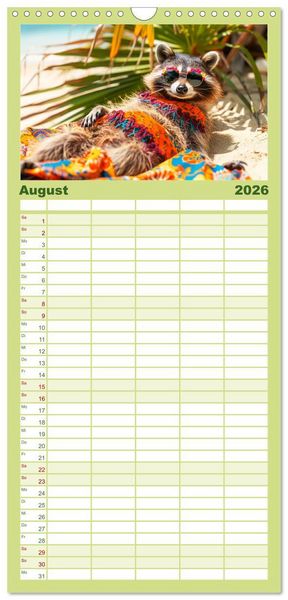 Produktbild: Familienplaner 2026 - Niedlicher Waschb&auml;ren-Style. Modisch, elegant und blumig mit 5 Spalten (Wandkalender, 21 x 45 cm) CALVENDO