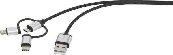 Produktbild: Renkforce USB-Kabel USB 2.0 USB-A Stecker, USB-C&reg; Stecker, USB-Micro-B Stecker, Apple Lightning Stecker 0.25 m Dunkelgrau gesleeved RF-3335106