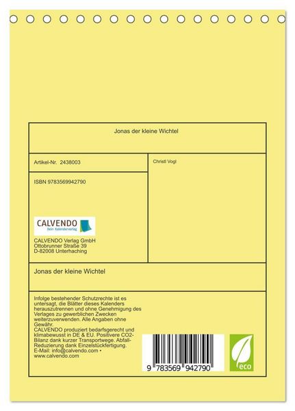 Produktbild: Jonas der kleine Wichtel (Tischkalender 2027 DIN A5 hoch), CALVENDO Monatskalender