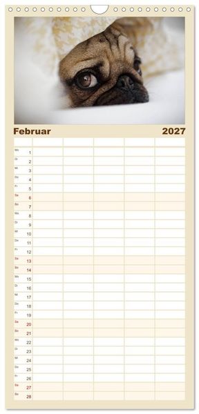 Produktbild: Familienplaner 2027 - Mops mit 5 Spalten (Wandkalender, 21 x 45 cm) CALVENDO