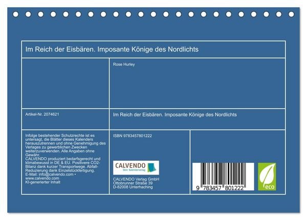 Produktbild: Im Reich der Eisb&auml;ren. Imposante K&ouml;nige des Nordlichts (Tischkalender 2026 DIN A5 quer), CALVENDO Monatskalender