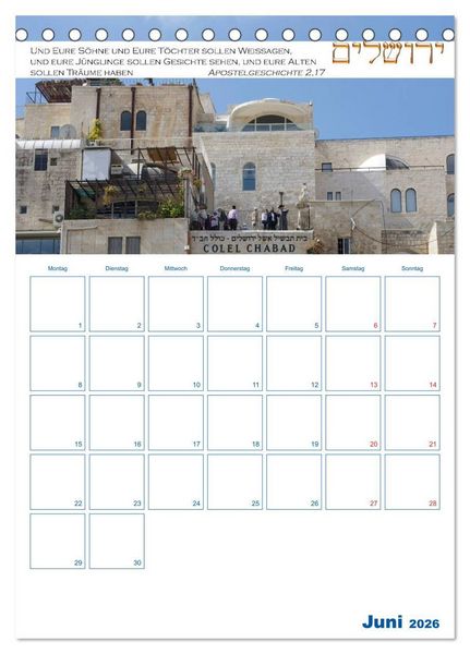 Produktbild: Jerusalem Kalender mit Bibelworten und Planer! (Tischkalender 2026 DIN A5 hoch), CALVENDO Monatskalender