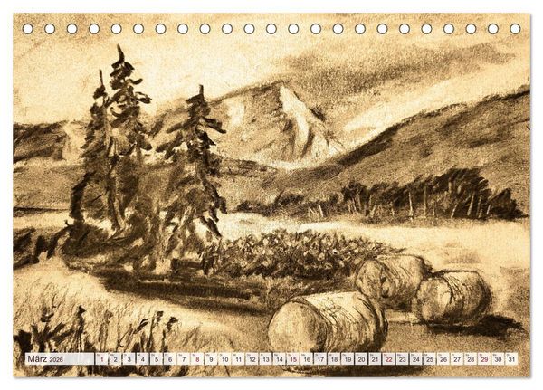 Produktbild: Pausen f&uuml;r deine Seele - Seelenlandschaften in Sepia - Ein Jahr der Ruhe mit Kohlezeichnungen (Tischkalender 2026 DIN A5 quer), CALVENDO Monatskalender