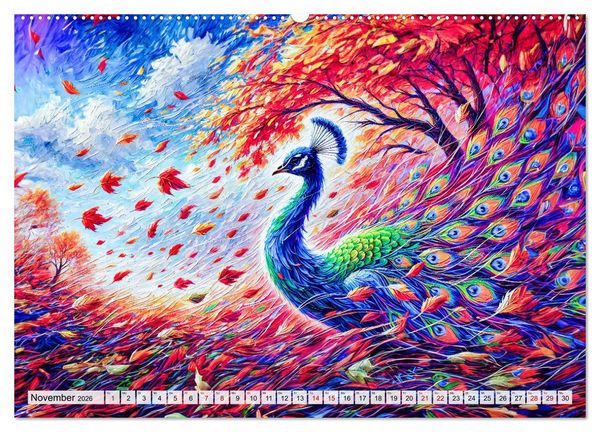 Produktbild: Tanz der Pfauen - Jahreszeiten in abstrakter Eleganz (hochwertiger Premium Wandkalender 2026 DIN A2 quer), Kunstdruck in Hochglanz