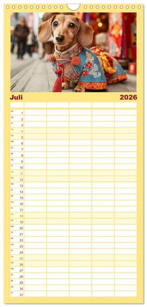 Produktbild: Familienplaner 2026 - Dackel auf gro&szlig;er Tour - S&uuml;&szlig;e Hunde entdecken die Welt mit 5 Spalten (Wandkalender, 21 x 45 cm) CALVENDO