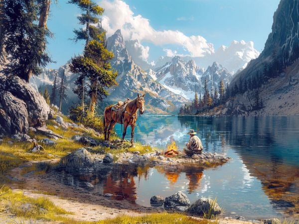 Produktbild: CALVENDO Puzzle Ein Abend mit einem Freund - Westernreiter am Lagerfeuer am See | 1000 Teile Lege-Gr&ouml;&szlig;e 64x48cm Foto-Puzzle f&uuml;r gl&uuml;ckliche Stunden