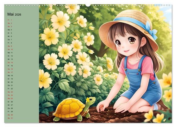Produktbild: M&auml;dchen und ihre tierischen Freunde - Tierisch s&uuml;&szlig;e Mangas f&uuml;r M&auml;dchen (hochwertiger Premium Wandkalender 2026 DIN A2 quer), Kunstdruck in Hochglanz