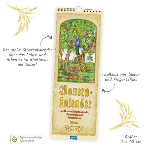 Produktbild: TR&Ouml;TSCH - Maxi-Streifenkalender Bauernkalender 2027 mit Hundertj&auml;hrigem Kalender, Bauernregeln und Ferienterminen