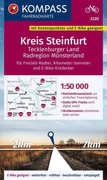 Produktbild: KOMPASS Fahrradkarte 3220 Kreis Steinfurt, Tecklenburger Land, Radregion M&uuml;nsterland mit Knotenpunkten 1:50.000