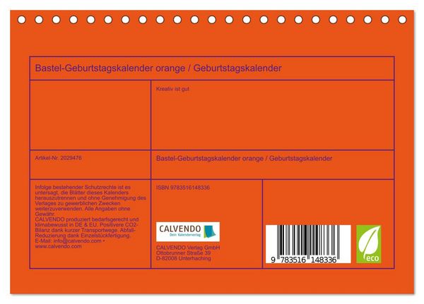 Produktbild: Bastel-Geburtstagskalender orange / Geburtstagskalender (Tischkalender 2026 DIN A5 quer), CALVENDO Monatskalender