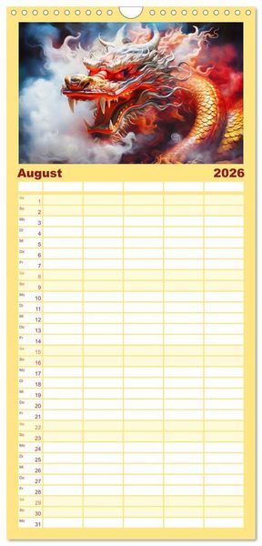 Produktbild: Familienplaner 2026 - Drachen-Jahr - Kalenderplaner im Stile des chinesischen Tierkreiszeichens mit 5 Spalten (Wandkalender, 21 x 45 cm) CALVENDO