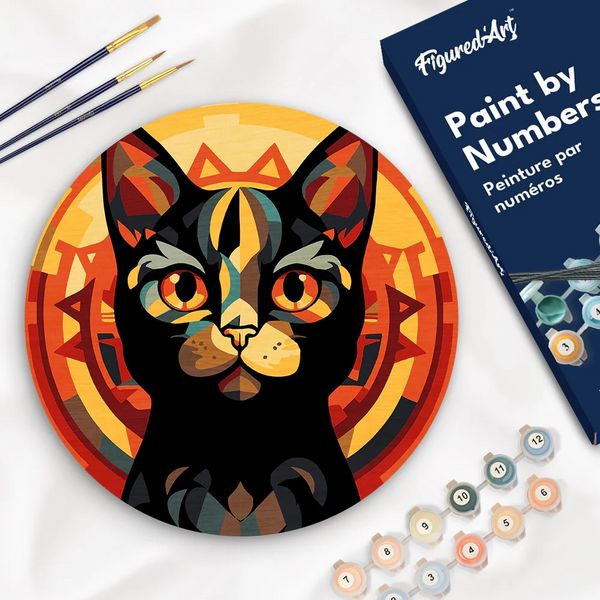 Produktbild: FiguredArt RFA032 - Malen nach Zahlen, Art-Deco-Schwarze Katze, Holzscheibe (30cm), Malset, Paint by Numbers