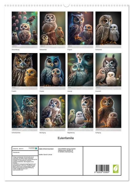 Produktbild: Eulenfamilie (hochwertiger Premium Wandkalender 2026 DIN A2 hoch), Kunstdruck in Hochglanz