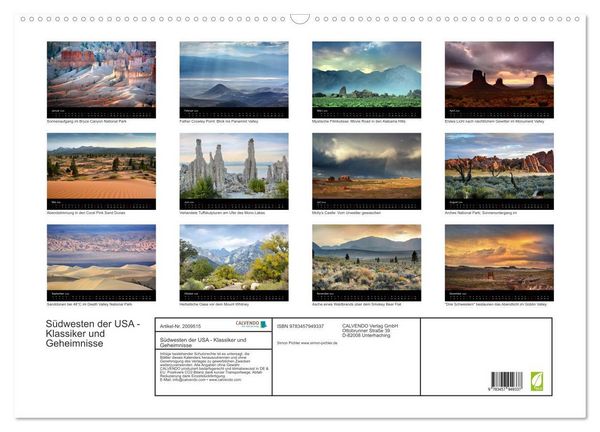 Produktbild: S&uuml;dwesten der USA - Klassiker und Geheimnisse (Wandkalender 2026 DIN A2 quer), CALVENDO Monatskalender