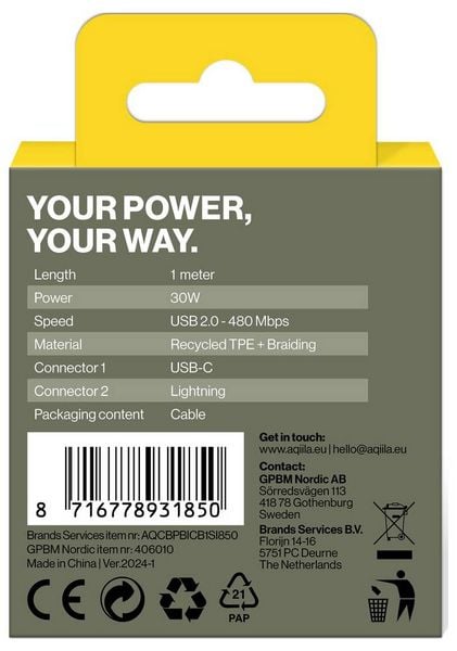 Produktbild: Aqiila Cablebird CB21 USB-C&reg; Kabel USB 2.0 Apple Lightning Stecker 1.00 m Schwarz AQCBPBICB1BD850