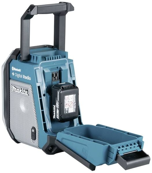 Produktbild: Makita DMR115 Baustellenradio DAB, DAB+ AUX, Bluetooth&reg;, USB spritzwassergesch&uuml;tzt, sto&szlig;fest T&uuml;rkis, Schwarz, Silber