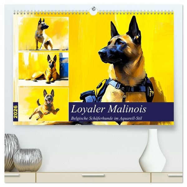 Loyaler Malinois. Belgische Schäferhunde im Aquarell-Stil (hochwertiger Premium Wandkalender 2026 DIN A2 quer), Kunstdruck in Hochglanz