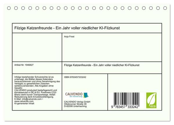 Produktbild: Filzige Katzenfreunde - Ein Jahr voller niedlicher KI-Filzkunst (Tischkalender 2026 DIN A5 quer), CALVENDO Monatskalender