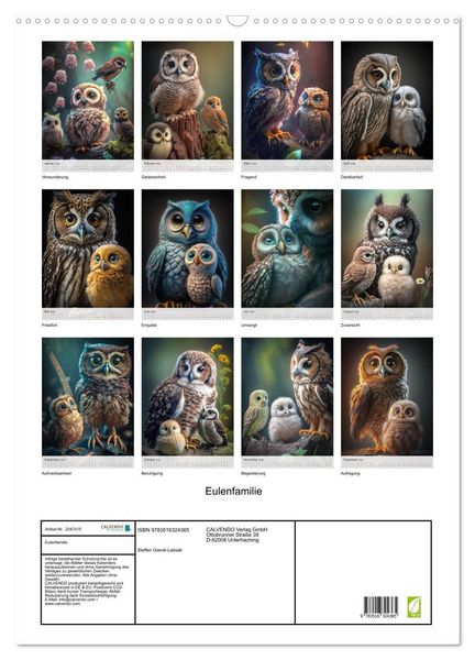 Produktbild: Eulenfamilie (Wandkalender 2026 DIN A2 hoch), CALVENDO Monatskalender