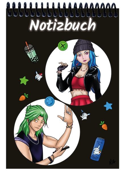 Produktbild: A 5 Notizblock Manga Quinn und Enora, schwarz, kariert