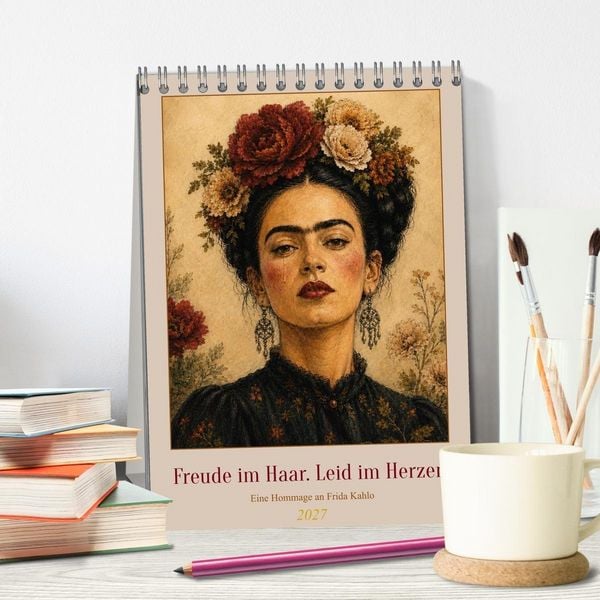 Produktbild: Freude im Haar. Leid im Herzen. Eine Hommage an Frida Kahlo (Tischkalender 2027 DIN A5 hoch), CALVENDO Monatskalender