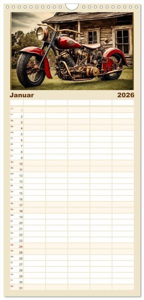 Produktbild: Familienplaner 2026 - Motorr&auml;der im Steampunk-Style mit 5 Spalten (Wandkalender, 21 x 45 cm) CALVENDO