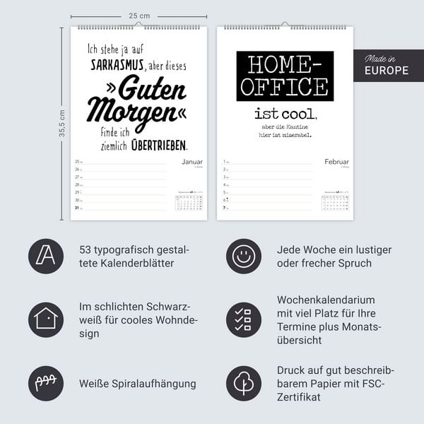 Produktbild: Typo-Spr&uuml;che-Kalender s/w Wochenplaner 2027 - mit 53 witzigen Spr&uuml;chen