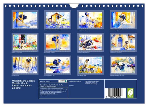 Produktbild: Majest&auml;tische English Mastiffs. Sanfte Riesen in Aquarell-Eleganz (Wandkalender 2026 DIN A4 quer), CALVENDO Monatskalender