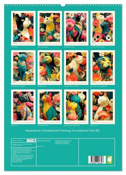 Produktbild: Katzenkunst. K&uuml;nstlerische Paintings im modernen Folk-Stil (hochwertiger Premium Wandkalender 2026 DIN A2 hoch), Kunstdruck in Hochglanz