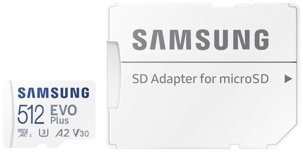 Samsung EVO Plus SDXC-Karte 512 GB Class 10, Class 10 UHS-I, UHS-I, v30 Video Speed Class A2-Leistungsstandard, inkl. SD
