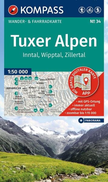 Produktbild: KOMPASS Wanderkarte 34 Tuxer Alpen, Inntal, Wipptal, Zillertal 1:50.000