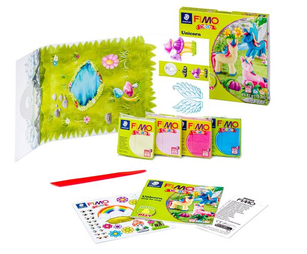 Produktbild: STAEDTLER FIMO kids 8034, ofenh&auml;rtende Modelliermasse, Set Unicorn mit 4 Bl&ouml;cken 42 g, Modellierstab