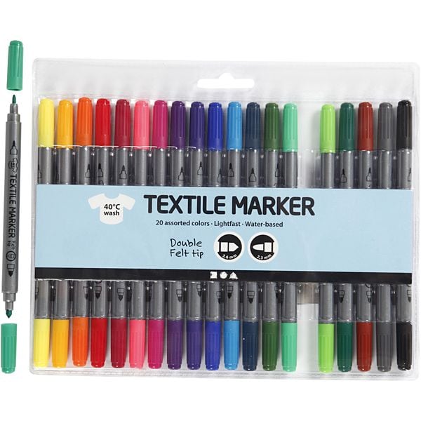 Creativ Company Textil-Marker Textil-Marker, Standard-Farben, Strichstärke 2,3+3,6 mm, 20 Stk/ Kreativ Box