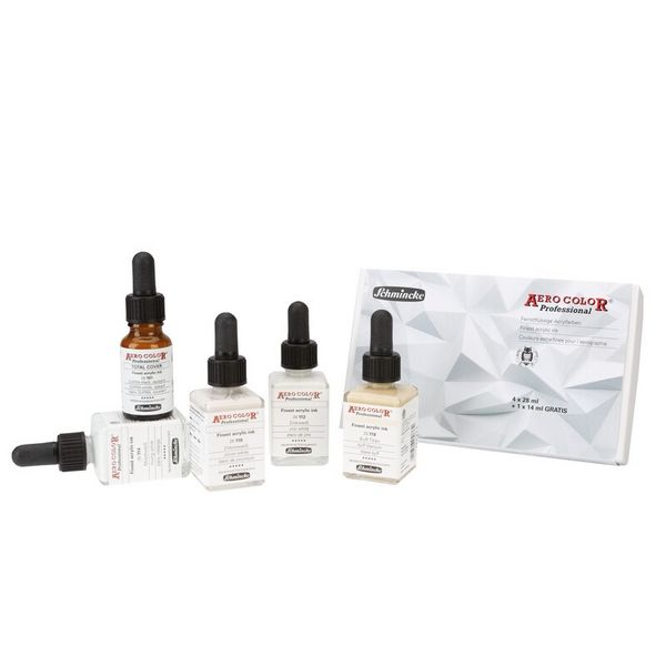 Produktbild: Schmincke AEROCOLOR Kartonset, 4 x 28 ml + 1 x 14 ml Wei&szlig;