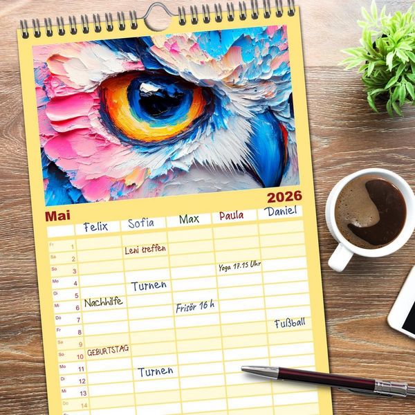 Produktbild: Familienplaner 2026 - Eulen. Entz&uuml;ckende Paintings mit 5 Spalten (Wandkalender, 21 x 45 cm) CALVENDO