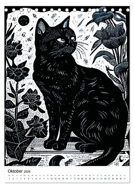 Produktbild: Katzen Linolschnitt - Der Kalender mit kunstvollen Portr&auml;ts der Samtpfoten (Tischkalender 2026 DIN A5 hoch), CALVENDO Monatskalender