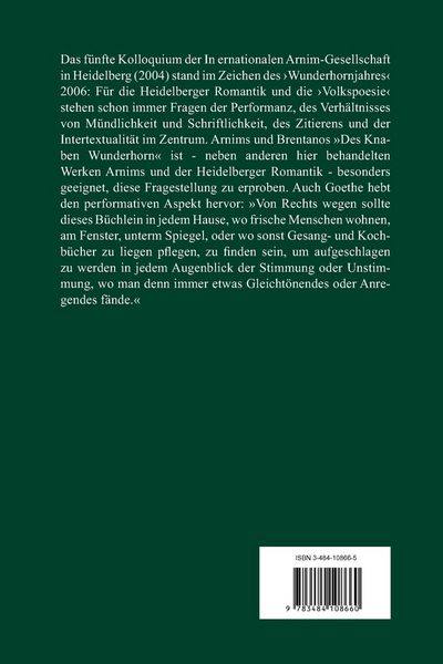 Produktbild: Das &raquo;Wunderhorn&laquo; und die Heidelberger Romantik: M&uuml;ndlichkeit, Schriftlichkeit, Performanz
