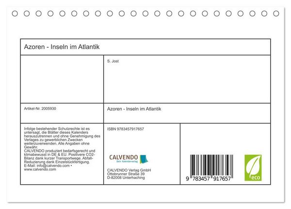 Produktbild: Azoren - Inseln im Atlantik (Tischkalender 2026 DIN A5 quer), CALVENDO Monatskalender